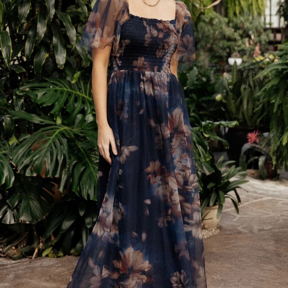 Baltic Born Blue and Pink Puff Sleeve Maxi Gown